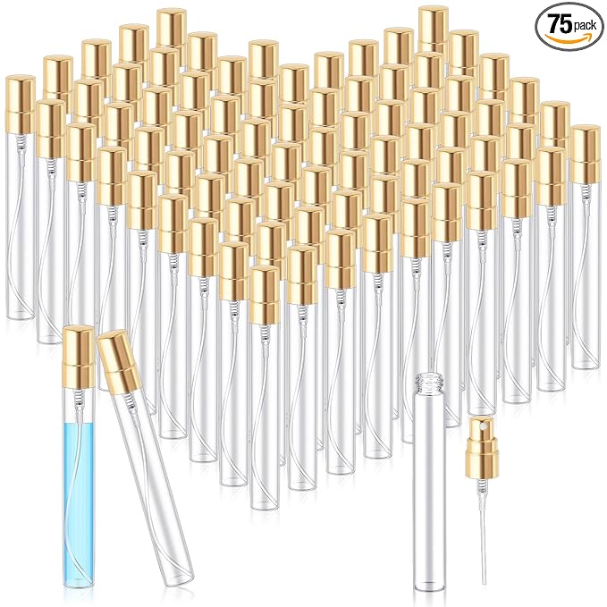 Zhehao 75 Pcs Mini Spray Bottles 10 ml Clear Glass Perfume Bottles Refillable Fine Mist Perfume Atomizer Portable Empty Sample Containers for Cleaning, Essential Oils, Travel (Gold Cap)
