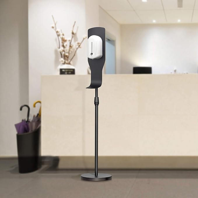 New Star Foodservice Freestanding Adjustable Floor Stand for Hand Sanitizer Dispenser, Drip Tray, Weighted Round Base, Customizable, Black