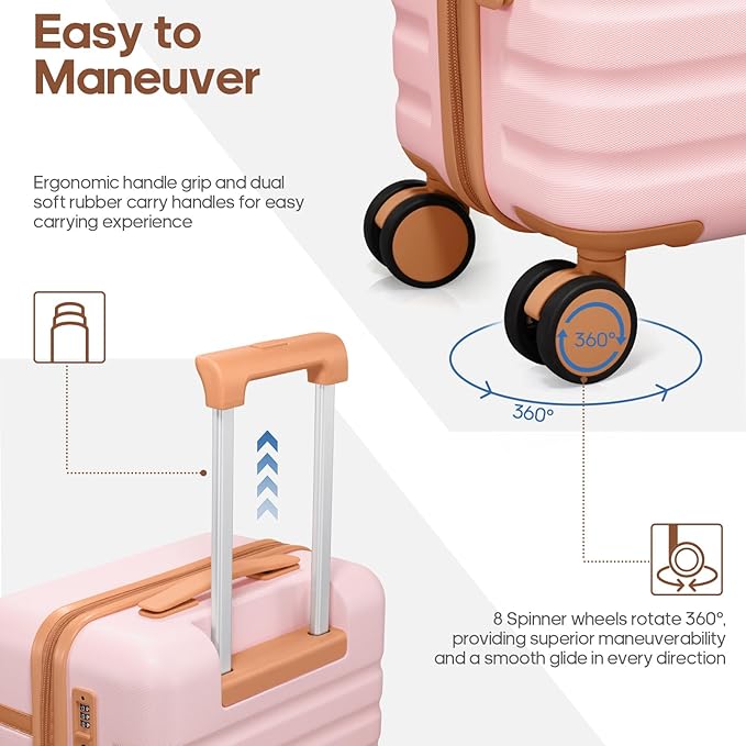 UKEIN Luggage Sets 3 Piece, PC Hardside Checked Luggage 28 Inch With Spinner Wheels with TSA Lock, Large Suitcase Set With Travel Backpack for Men (Pink, 3 piece set (28inch))