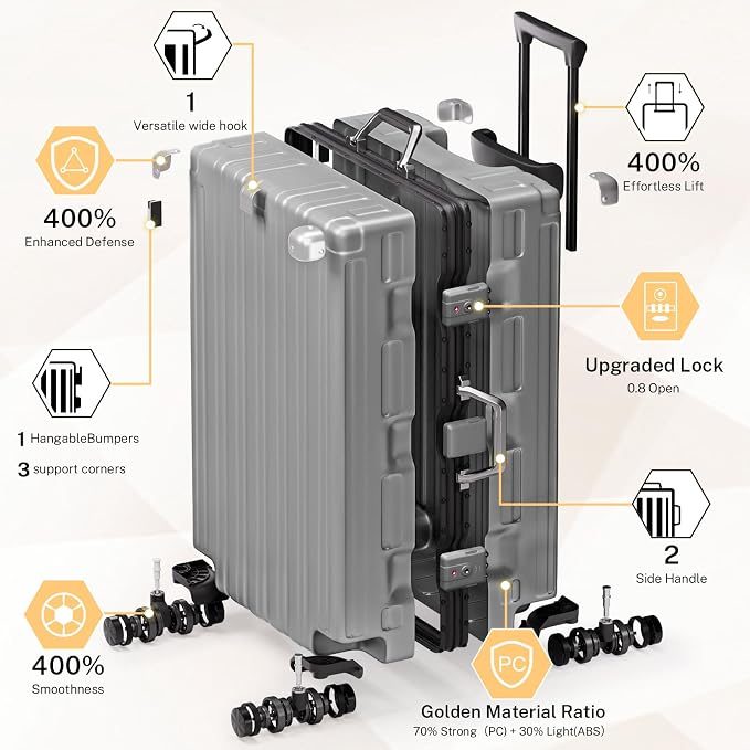 Krute Aluminum Frame Luggage 28 Inch Checked Suitcase with Spinner Wheels TSA Approved No Zipper Hard Shell Luggage PC+ABS Travel Suitcase Gray