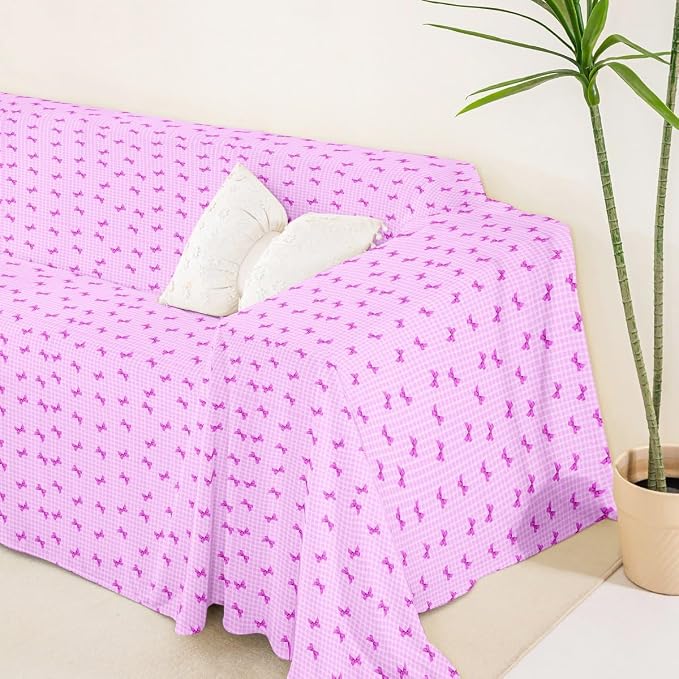 Purple Bow Sofa Cover Couch Cover for Dogs Buffalo Plaid Decor Bowknot Waterproof Furniture Protector for Pets Geometric Lattice Abstract Grid Kawaii Bow Tie Couch Cover for 3 Cushion Couch,71" x 150"