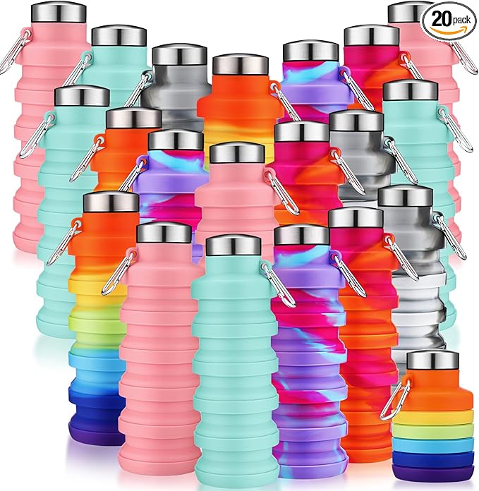 Sunnyray 20 Pack Collapsible Water Bottles Bulk Foldable Water Bottles 17oz Silicone Portable Leak Proof Reusable Sports with Clip for Travel Hiking Camping Outdoor (Tie-dye)