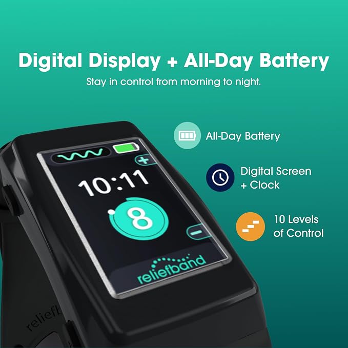 Reliefband Premier+ Anti-Nausea Wristband with Conductivity Gel - FDA-Cleared, Drug-Free, Fast-Acting Relief for Motion Sickness, Travel, Anxiety & Migraines - Smart Display, Rechargeable