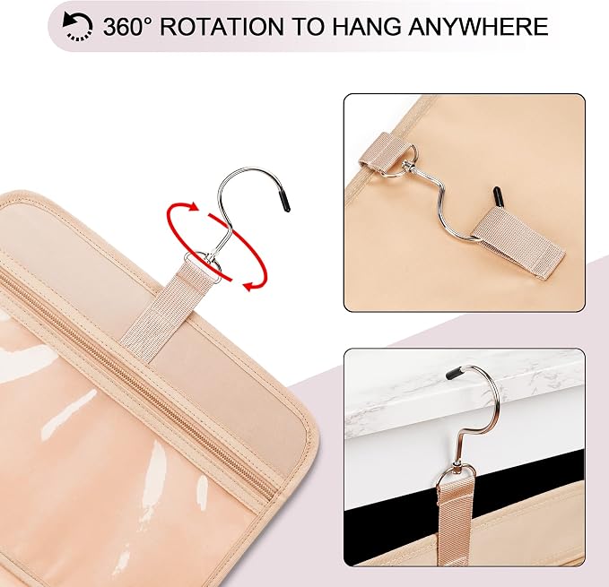 Travel Hanging Toiletry Bag for Women, Extra Large Makeup Bag, Holds Full-Size Shampoo, with Jewelry Organizer Compartment, Waterproof Cosmetic Bag, Toiletries Kit Set with Trolley Belt, Baby Pink