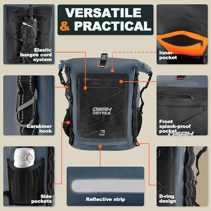 OSAH DRYPAK Waterproof Backpack Dry Bag 35L/55L/85L – Heavy Duty Roll-Top Hiking Backpack Sack Keeps Gear Dry for Travel, Kayaking, Boating, Camping, Rafting and Fishing
