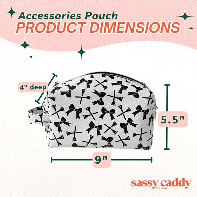 Sassy Caddy Black and White Tees and Bows Makeup Bag for Women – Golf Accessory Pouch, PU Leather Cosmetic Organizer, Sunscreen Toiletry Case with Handle, Water-Repellent Lining, Cute Travel Gift