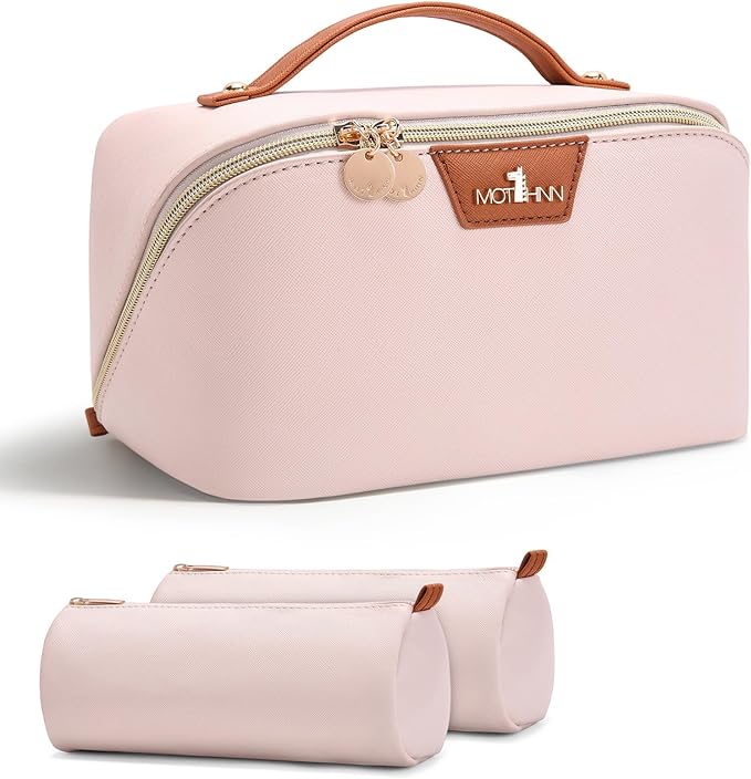 Travel Makeup Bag for Women: 3-in-1 Large Capacity Cosmetics Organizer with 2 Detachable Pouch - Vegan Leather Flat Open Toiletry Bag - Travel Essentials for Full-Sized Bottles(White)