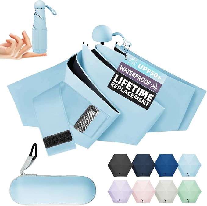 Travel Mini Umbrella Compact Small & Lightweight, UV Rain Protection, Pocket-Sized Folding Umbrellas with Quickdraw & Case for Men Women & Kids Backpack