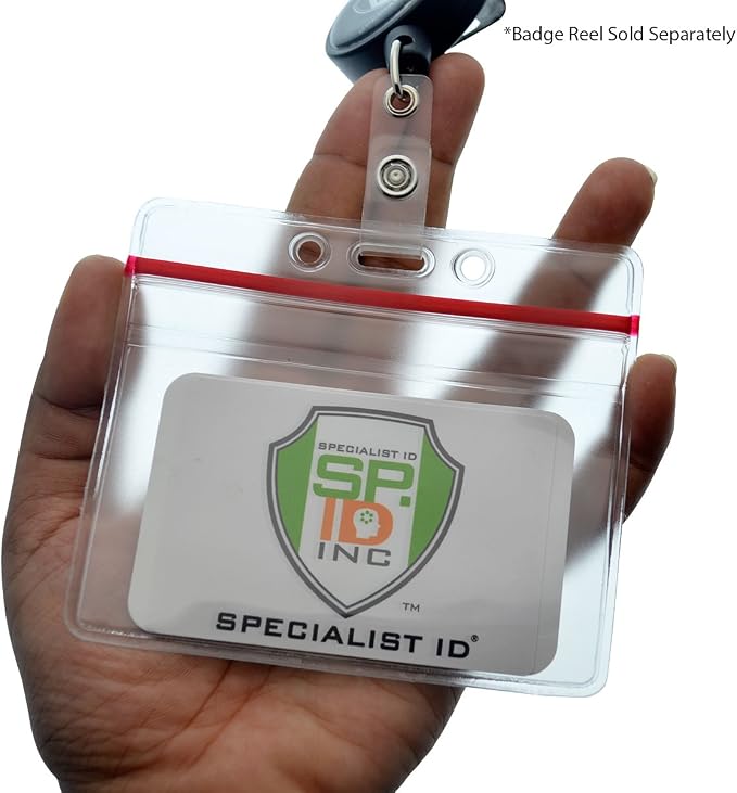 5 Pack - Heavy Duty Badge Holder Horizontal with Resealable Zip Top - Clear Plastic Waterproof i’d Card Protector - Top Load Pouch w/Lock Zipper Closure for Office, Travel, & Nurses by Specialist ID