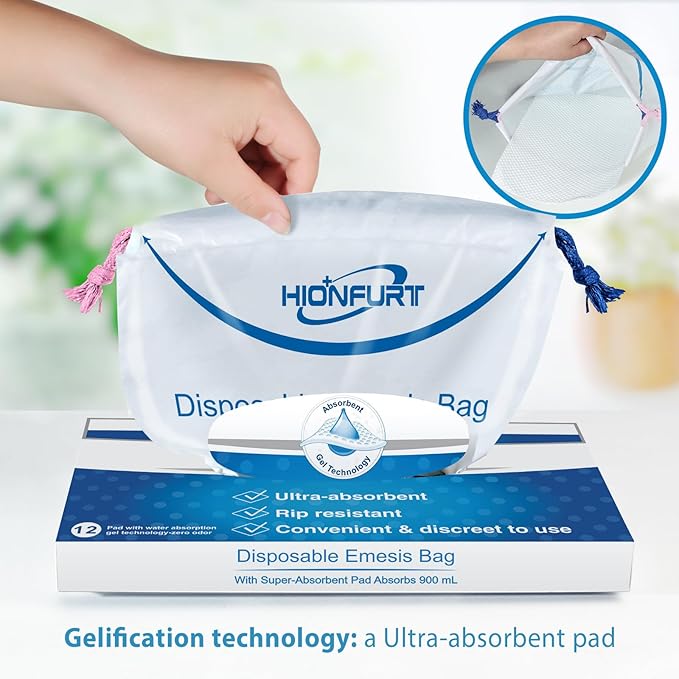 Hionfurt Absorbent Vomit Bag Disposable,19Pcs Emesis Bags-Turns Vomit into Gel,Leak Resistant Barf Bag,900ml Portable Nausea Bags for Travel Motion Sickness,Pregnancy,Kids,Taxi,car