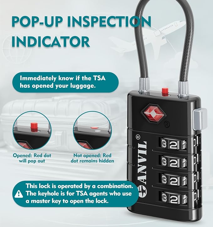 ANVIL TSA Approved Luggage Locks with Search Alert Indicator, 4-Digit Combination Suitcase Lock, Advanced TSA008 Core Heavy Duty Anti-Theft Travel Lock for Double Zippers, Backpacks
