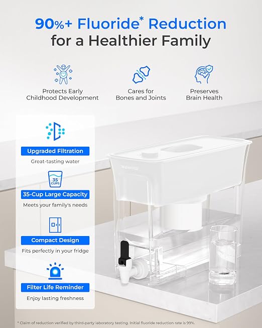 Waterdrop WFD-02W Water Filter Dispenser, Fluoride Reduction, 35-Cup with 1 Filter, 150-Gallon Long-Life, Large Capacity, Reduces Chlorine, PFOA/PFOS and More, BPA Free, White