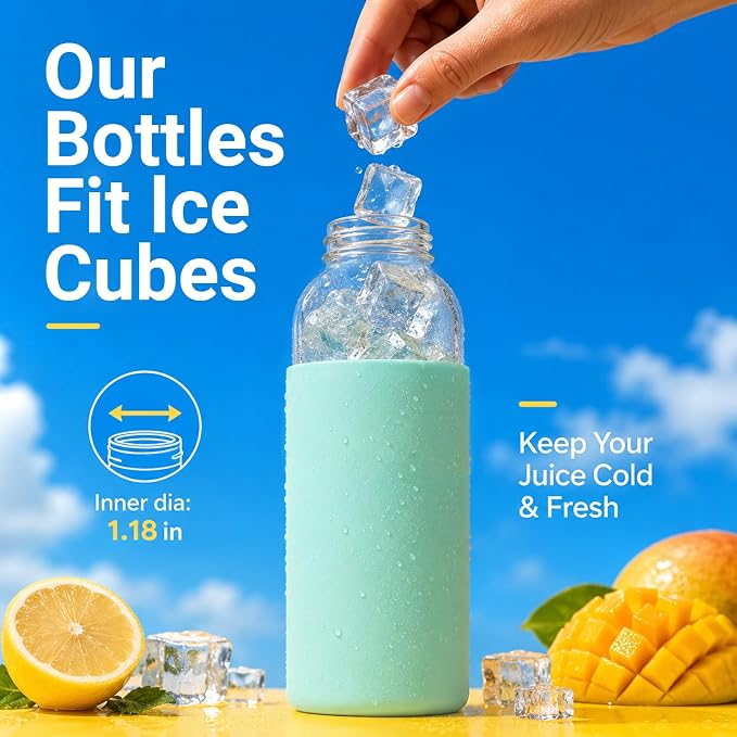 Luxfuel 16 oz Glass Juice Bottles with Lids & Silicone Sleeves, 4 Pack Reusable Glass Water Bottles with Stainless Steel Cap for Juicing, Smoothies & Refrigerator, Leak-Proof,BPA-Free Juice Containers