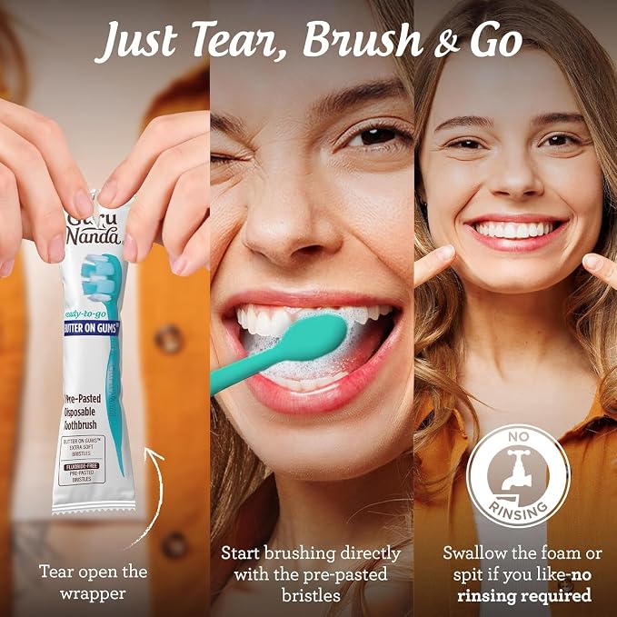GuruNanda Disposable Travel Toothbrushes with Toothpaste & Toothpick, Prepasted Ready-to-Use Mini Toothbrushes, Fluoride-Free, No Rinse, Soft Bristles, Individually Wrapped, 14 Ct