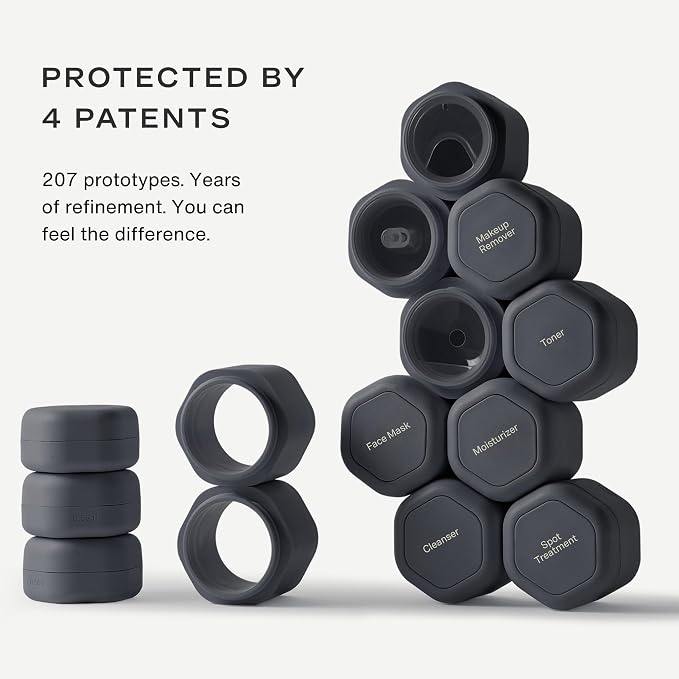 Cadence Travel Containers - 6 Piece Haircare Set - Magnetic Travel Capsules - 2 Small & 4 Medium Capsules - Shampoo, Conditioner, Leave-In Conditioner, Comb, Hair Serum, Hair Gel Labels - Charcoal