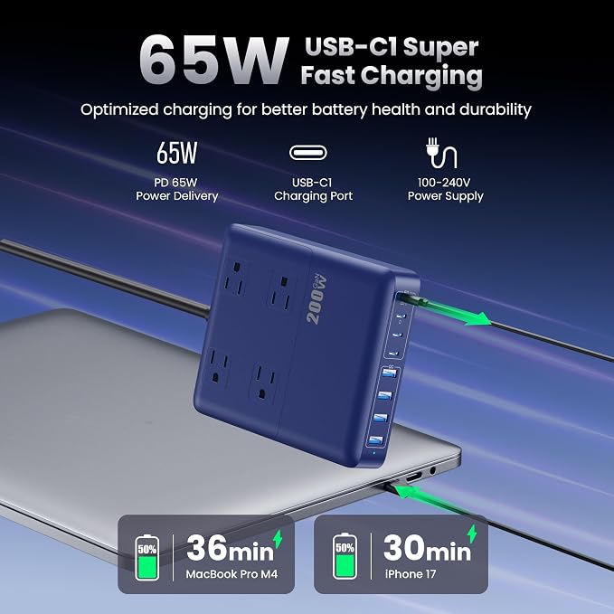 200W Charging Station,12-in-1 USB C Power Strip with Flat Plug and 5ft Extension Cord,4 AC Outlets,4 USB-A,4 USB-C Ports for iPhone 17/16/15,65W PD Fast Laptop Charger for MacBook,Home,Office (Blue)