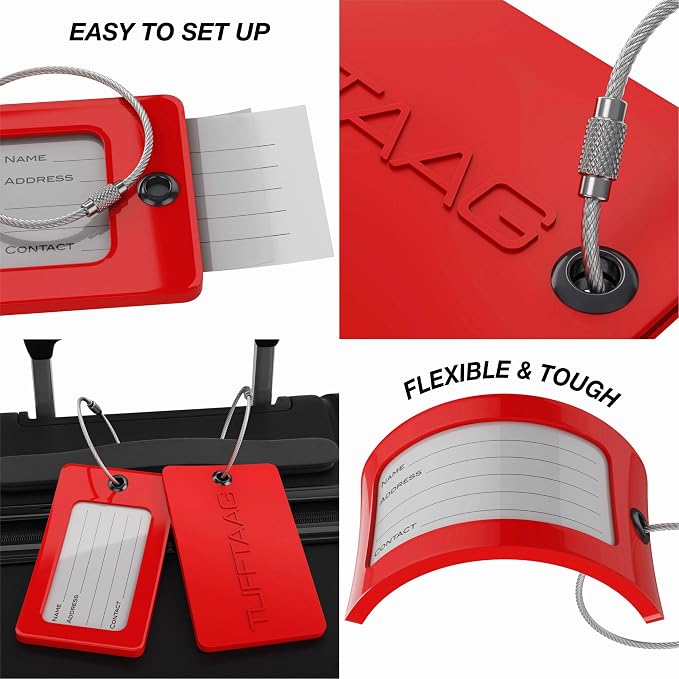 Luggage Tags Business Card Holder by TUFFTAAG - Flexible PVC Travel ID Bag Tag, Red, 6 Pack