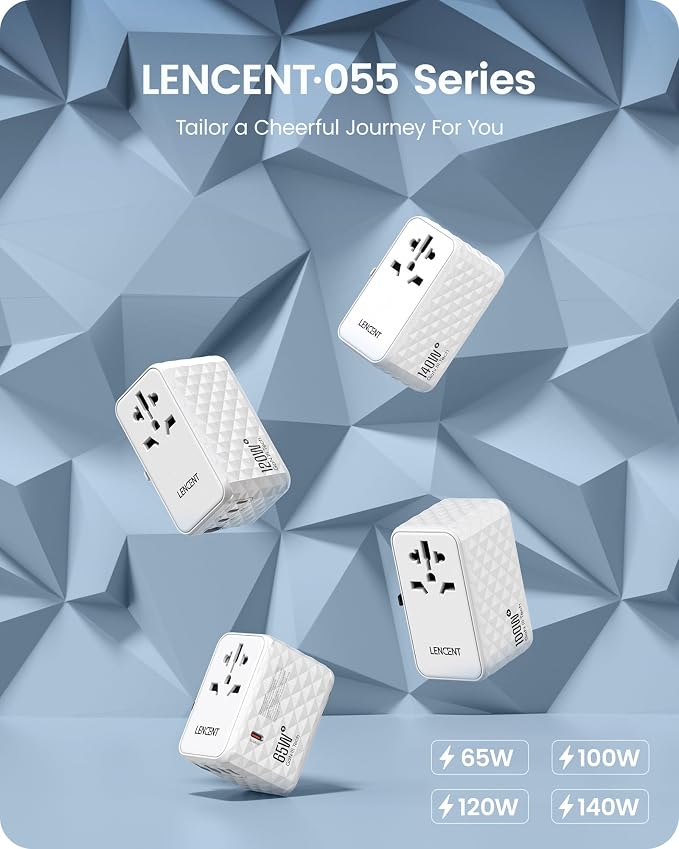 LENCENT 65W International Travel Adapter, Universal Travel Adapter with 2 USB-A & 3 PD Type C Power Outlet, Fast Charging for Phone,Laptops, All-in-One Outlet Converter for USA/UK/EU/AUS, White