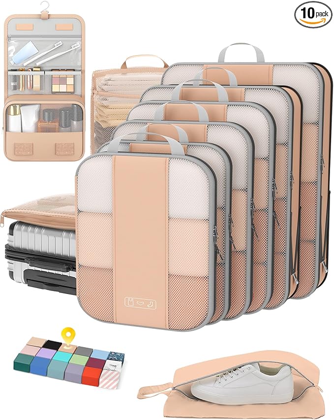 10 Set Compression Packing Cubes for Travel Essentials,Compressible Expandable Packing Cubes for Suitcase,OlarHike Luggage Garment Bags for Travel,Handy Helper for Organizing Clothes(Gold)