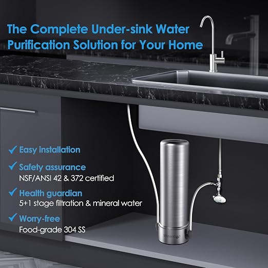 Waterdrop BS13 Under Sink Water Filter, 6 Stage Stainless Steel, Reduce PFAS, PFOA/PFOS, Lead, Chlorine, Bad Taste & Odor, No Drilling Required, NSF/ANSI 42 Certified, Included A New Faucet