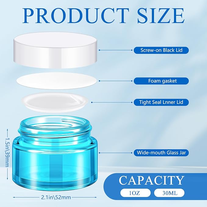 Domensi 60 Pcs 1oz Glass Jars with Lids Bulk Small Glass Salve Tins Cream Container Cosmetic Jars for Travel Balm with Inner Liners for Sample Cream (Light Blue,White Lids,Plastic Lid)