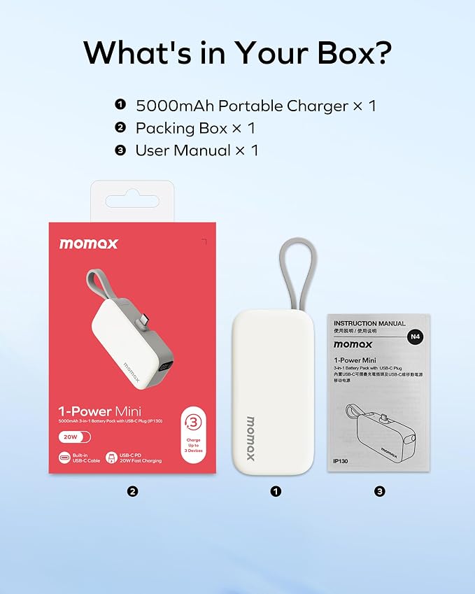 MOMAX Portable Charger, 5000mAh Small Power Bank PD 20W Fast Charging Battery Pack with 3 USB-C, LED Battery Display, Smart Temperature Control for iPhone 17 16 15 Pro Max(White)
