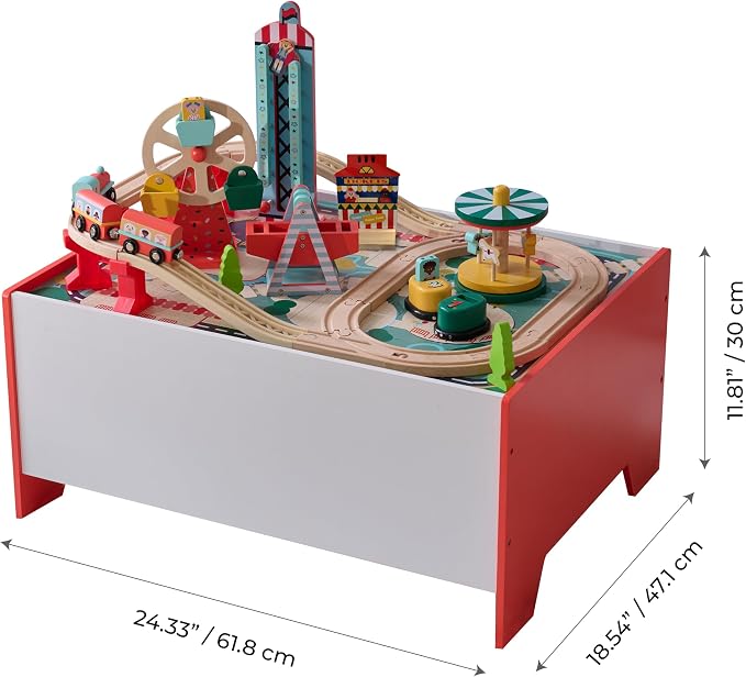 Teamson Kids Wooden Train Table – Carnival-Themed Amusement Park Playset | Ferris Wheel, Carousel & Train Track, Interactive Toy for Toddlers, With Storage, Ages 3+