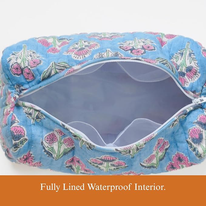 Saffron Marigold Quilted Makeup Bag Set of 3, Hand Block Printed Cotton Cosmetic Bags for Women, Waterproof Lined Travel Toiletry Bag, Coquette Floral Aesthetic, Handmade Gift, Denim Rose