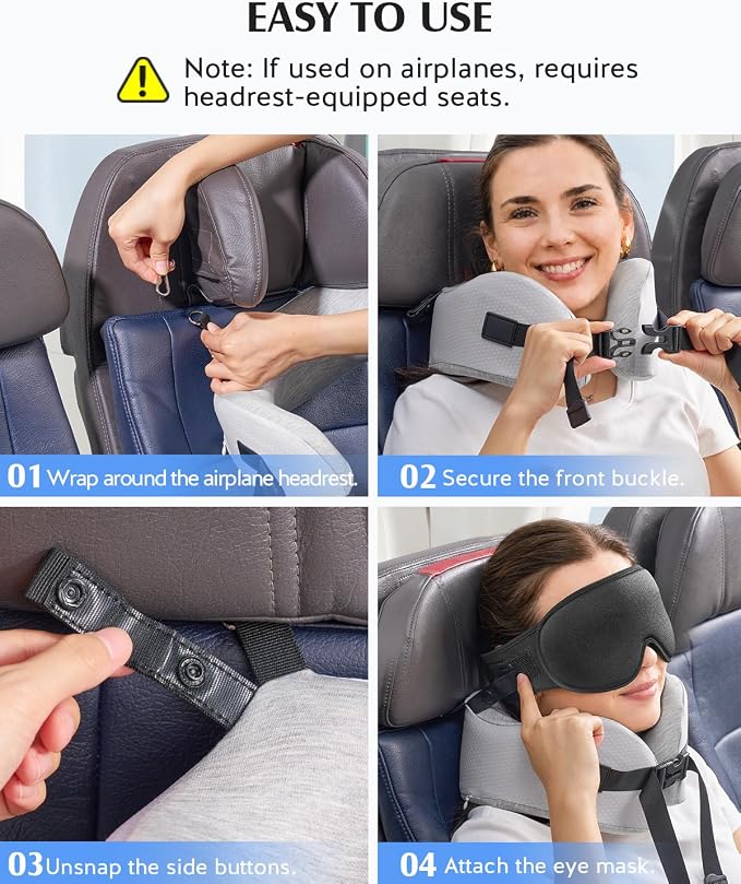 YFONG Travel Pillow for Long Flights, Patented 360° Ergonomic Sleeper Hold Head Support System with Memory Foam Neck Pillow & 3D Sleep Mask, Prevent Head Bobbing for Airplane & Road Trip, Grey