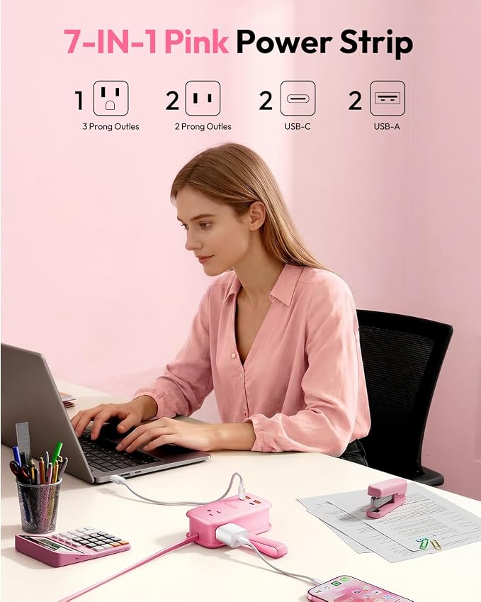 NTONPOWER GAN Ultra 65W Pink Fast Charging Station, Travel Power Strip with 3 Outlets 4 USB (2 USB C), Pink Extension Cord 4Ft, Kawaii Cute Accessories Compatible with MacBook, iPhone