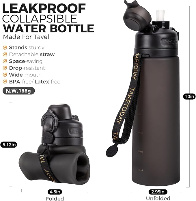 TakeToday Newly Upgraded Collapsible Water Bottles 32oz and 20oz, Foldable Platinum Silicone Travel Water Bottle with Straw & Carry Strap, Leak-Resistant Screw Lid, Wide Mouth, BPA-Free for Hiking, Ca
