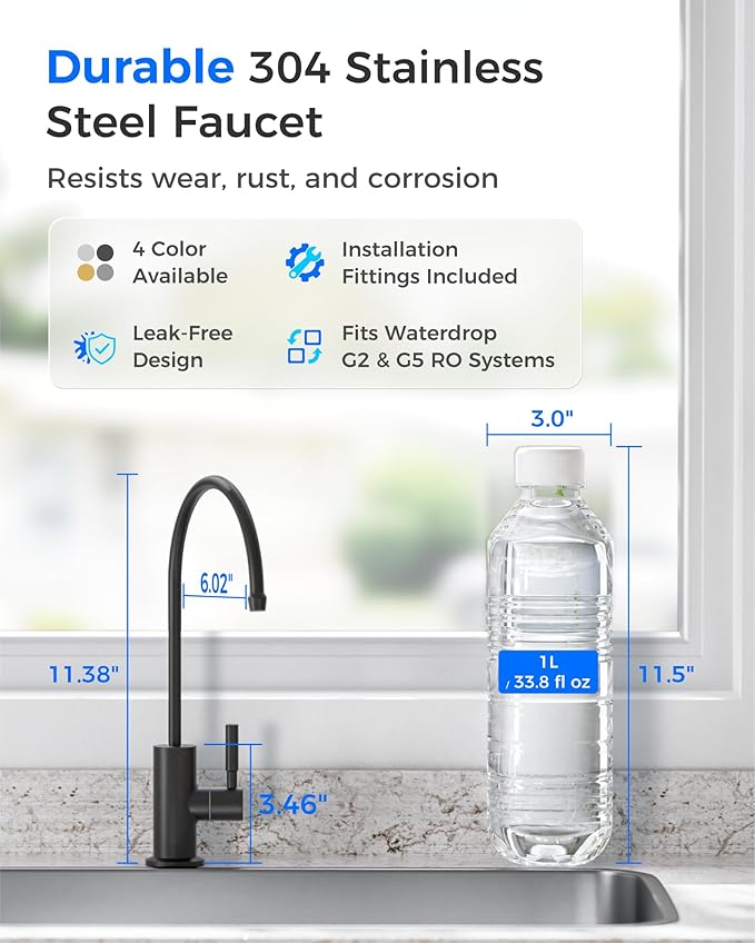 Waterdrop G2FCT-BLK Drinking Water Faucet, Reverse Osmosis Faucet, Water Filter Faucet for Kitchen Bar Sink, Single Handle, Easy to Install, Lead-Free, Stainless Steel, Black