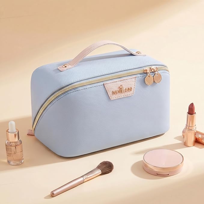 Travel Makeup Bag for Women: 3-in-1 Large Capacity Cosmetics Organizer with 2 Detachable Pouch - Vegan Leather Flat Open Toiletry Bag - Travel Essentials for Full-Sized Bottles(Light Blue)