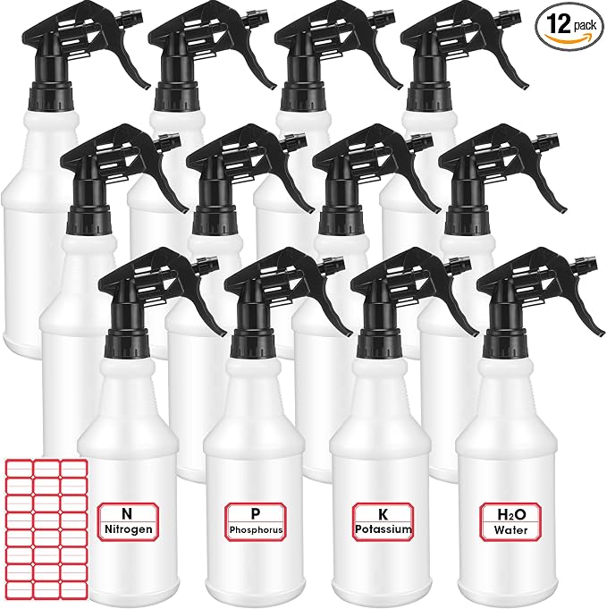 meekoo 12 Pcs 32 oz Plastic Spray Bottles Heavy Duty Spraying Leak Proof Mist Empty Water Bottle for Pets Cleaning Solutions Planting Spray Alcohol with Label Adjustable Nozzle (Black)