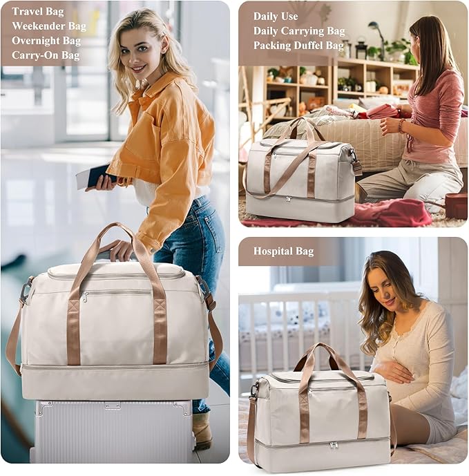 Travel Duffel Bag for Women, Carry-on Overnight Weekender Bags with Wet Pocket & Toiletry Bag, For Spirit Airlines 18x14x8 Personal Item Bag,Small,Beige & Brown