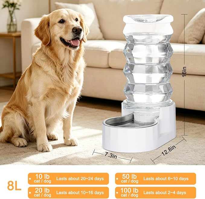 RIZZARI 8L Stainless Steel Gravity Pet Water Dispenser – Auto-Refill | No Electricity Needed,Wide-Mouth Cleaning,Triple Filtration,BPA-Free Materials,Visible Water Level