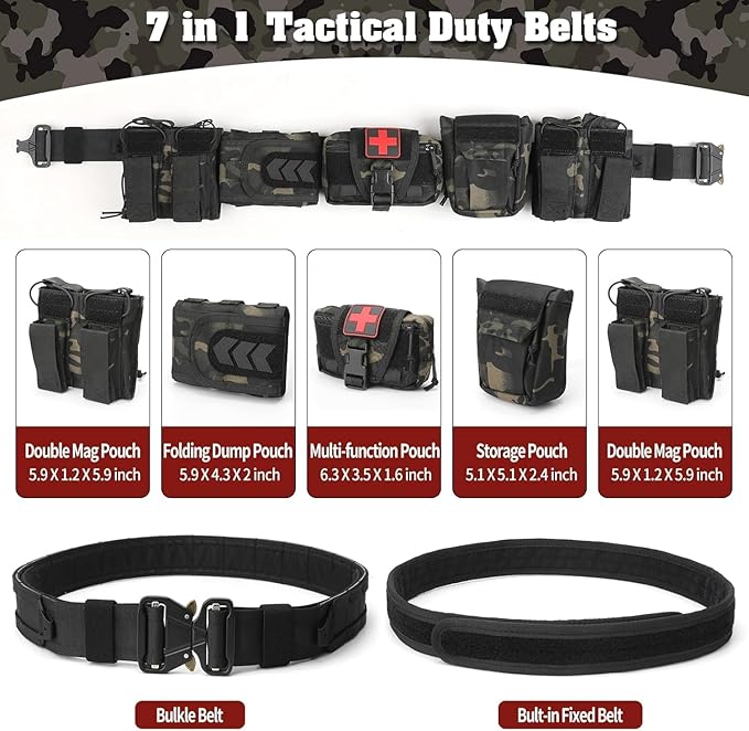 BOMTURN Battle Belt Tactical Belt with Accessories: Duty Belts Law Enforcement Combat Airsoft Police Belt with Pouches 7pcs