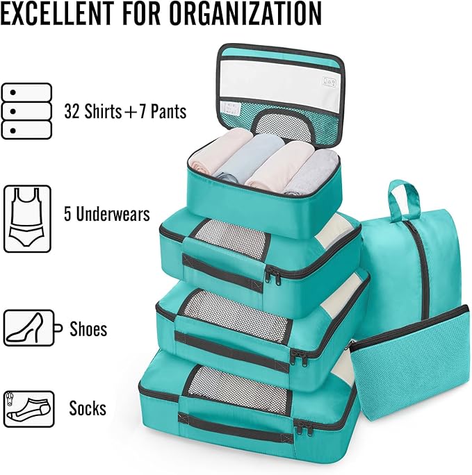 Veken 8 Set Packing Cubes for Travel Essentials, Suitcase Organizer Bags in 4 Sizes, Carry-On Luggage Accessories with Large Laundry Bag & Passport Holder, Must-Have for Airplane, Road Trip & Camping