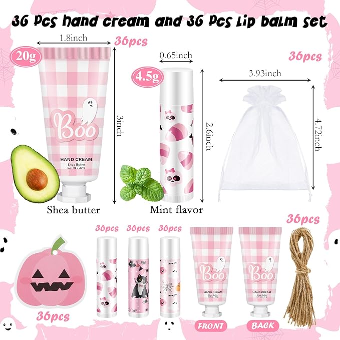 144 Pcs Halloween Lip Balms Hand Cream Sets Pink Supplies Including 36 Ghost Lip Balm and Moisturizing Hand Cream 36 Organza Bags Cards and Ropes for Team Accessories Party Thank You Gifts