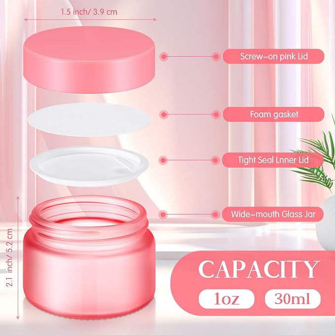 Domensi 60 Pcs 1oz Glass Jars with Lids Bulk Small Glass Salve Tins Cream Container Cosmetic Jars for Travel Balm with Inner Liners for Sample Cream (Pink,Pink Lids,Plastic Lid)