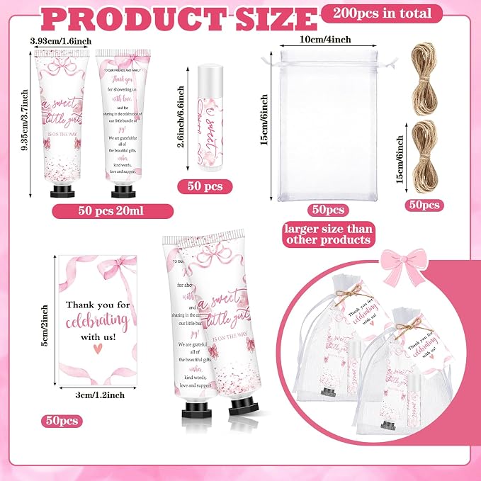 50 Sets 200 Pcs Coquette Pink Bow Baby Shower Gifts Bulk Hand Lotion and Lip Balm Party Favors Theme Baby Shower Travel Size Hand Lotion and Lip Balm with Organza Bags Tags