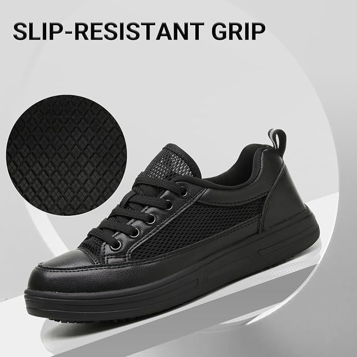 Treesky Black Slip On Non Slip Work Shoes for Women, Faux Leather Sneakers | Slip resistant soles, water resistant faux leather, wipe clean, EVA cushioning, no-tie slip-on, for kitchen & food service