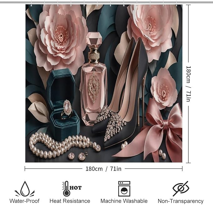 Floral Perfume Jewelry Heels Bathroom Rug Set 4 Piece with Shower Curtain Non Slip Bath Mat Set Microfiber Bathroom Decor Toilet Lid Cover U Shape Rug Waterproof Bathroom Accessories