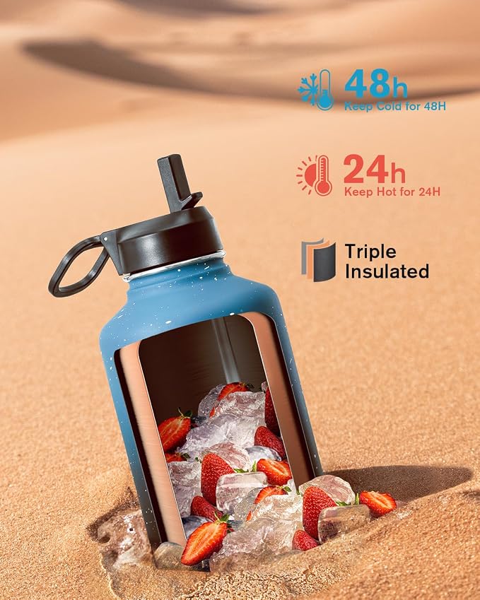Coolflask 64 oz Water Bottle Insulated with Straw&3 Lids, Half Gallon Water Jug Galaxy Large Metal Stainless Steel Vacuum Flask for Gym, Sports and Travel, Keep Cold 48H Hot 24H,Turquoise