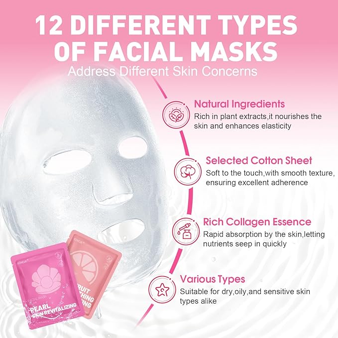 KONEUK 12 Pack Collagen Hydrating Face Masks Skincare, Sheet Face Mask for All Skin Types, Facial Masks Set for Women Skin Care, Face Mask Bulk Spa Gifts for Women