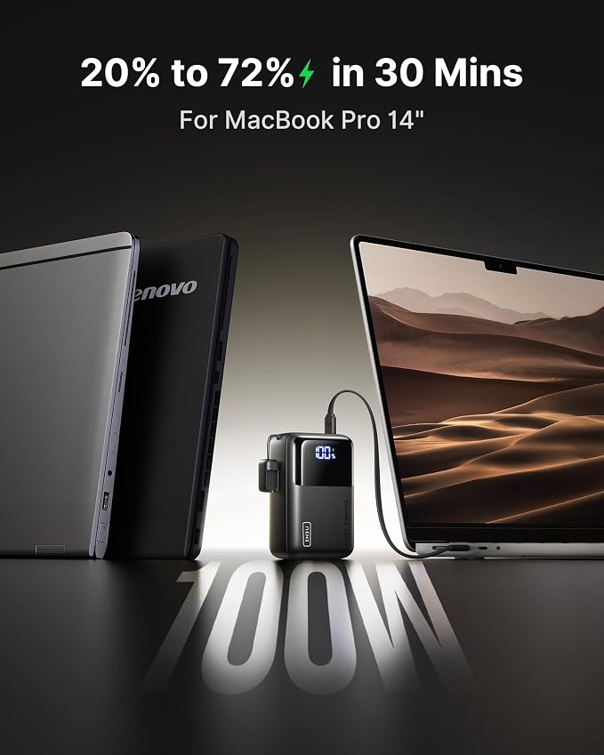 INIU 100W Fast Charging Power Bank, Smallest 25000mAh High Capacity Laptop Portable Charger, 3-Port Battery Phone Pack with Detachable USB C Cable for Travel, Families, Outdoor, Hiking, Metallic Black
