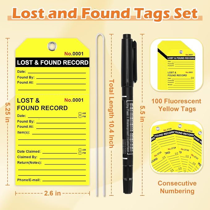 100 Pcs Lost and Found Tags with String & Marker Fluorescent Yellow Lost & Found Record Tags 5 1/4" x 2 5/8" Hotel Luggage Tags Lost and Found Labels Property Tag for Hotel Restaurants Luggage Storage