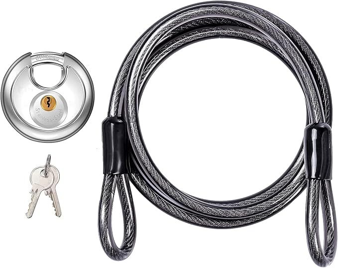 DELSWIN Disc Padlock with Cable - Stainless Steel Discus Lock,3/8-Inch Shackle and 6 Ft Security Steel Cable for Outdoor Fence Bike Kayak Trailer