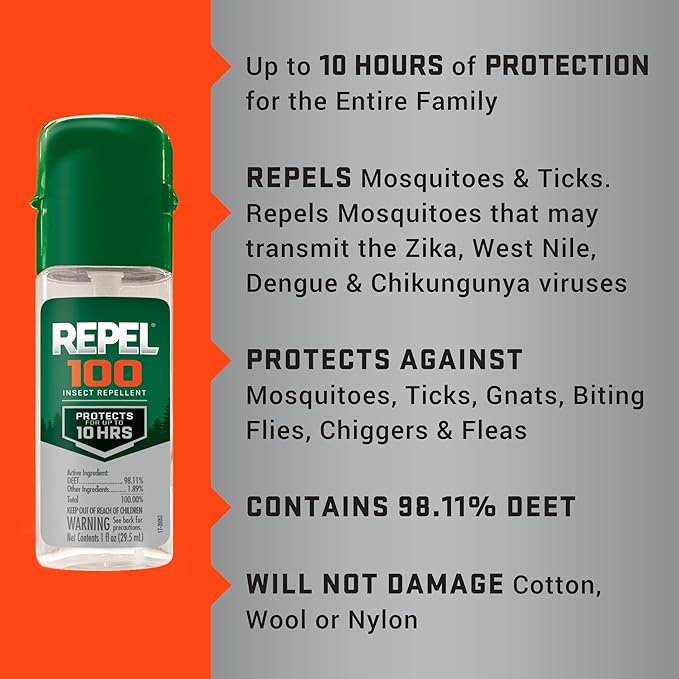 Repel 100 Insect Repellent, 1 Ounce, With DEET, 10-Hour Protection Long-Lasting Insect Repellent Travel Pump Spray Repels Mosquitoes, Ticks, Gnats, Biting Flies, Chiggers And Fleas, 6 Pack