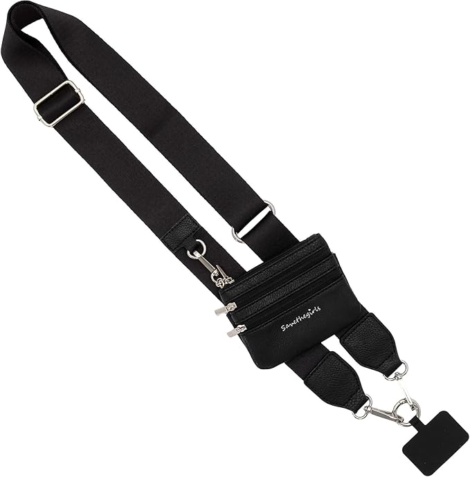 Save the Girls Clip and Go Phone Strap Solid (Black - Black Pouch with Silver Hardware) - Crossbody Phone Strap Chain with Zipper Wallet Pouch – Phone Lanyard with Zippered Pouch